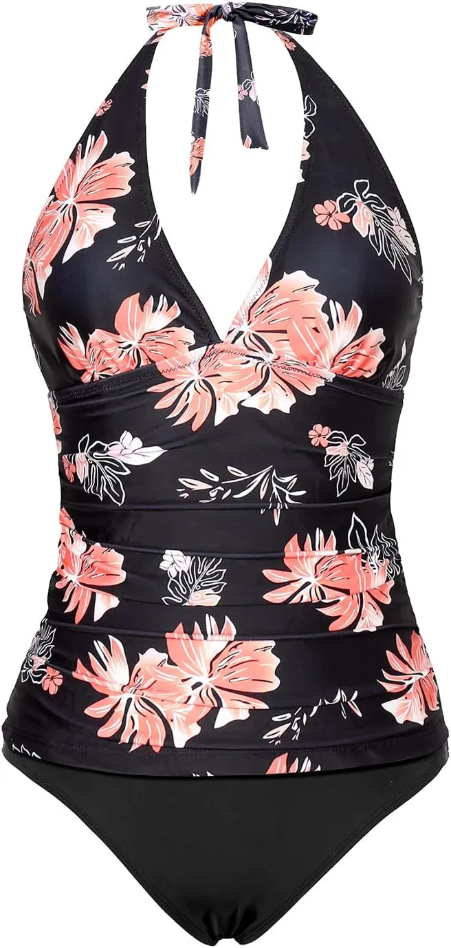 Holipick Two Piece Tankini Bathing Suits for Women Tummy Control Swimsuits Sexy V Neck Halter Tankini Top with Bikini Bottom