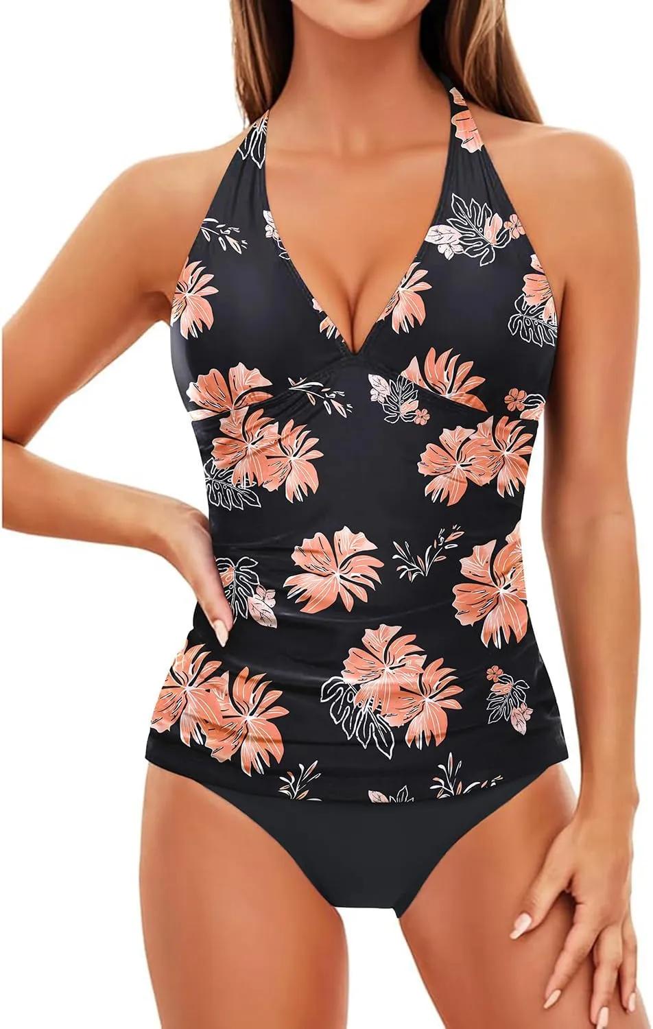 Holipick Two Piece Tankini Bathing Suits for Women Tummy Control Swimsuits Sexy V Neck Halter Tankini Top with Bikini Bottom