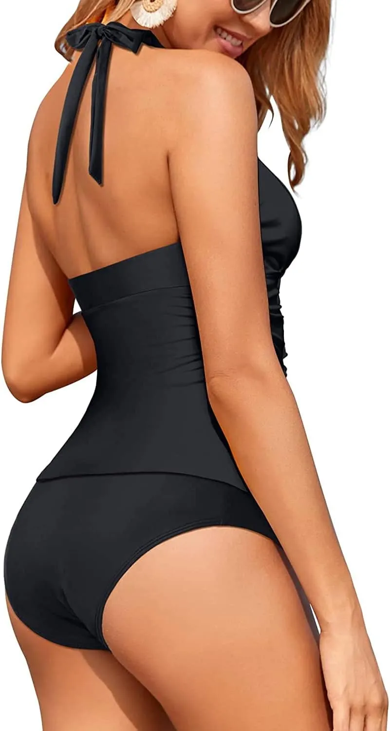 Holipick Two Piece Tankini Bathing Suits for Women Tummy Control Swimsuits Sexy V Neck Halter Tankini Top with Bikini Bottom