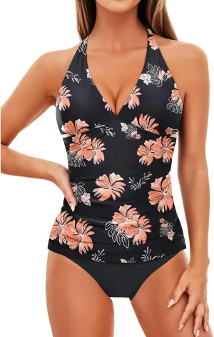 Holipick Two Piece Tankini Bathing Suits for Women Tummy Control Swimsuits Sexy V Neck Halter Tankini Top with Bikini Bottom