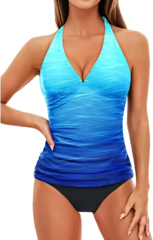 Holipick Two Piece Tankini Bathing Suits for Women Tummy Control Swimsuits Sexy V Neck Halter Tankini Top with Bikini Bottom