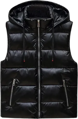 Hooded Puffer Vest for Women High Collar Shiny Puffer Vest Winter Zip Up Sleeveless Down Puffer Jacket
