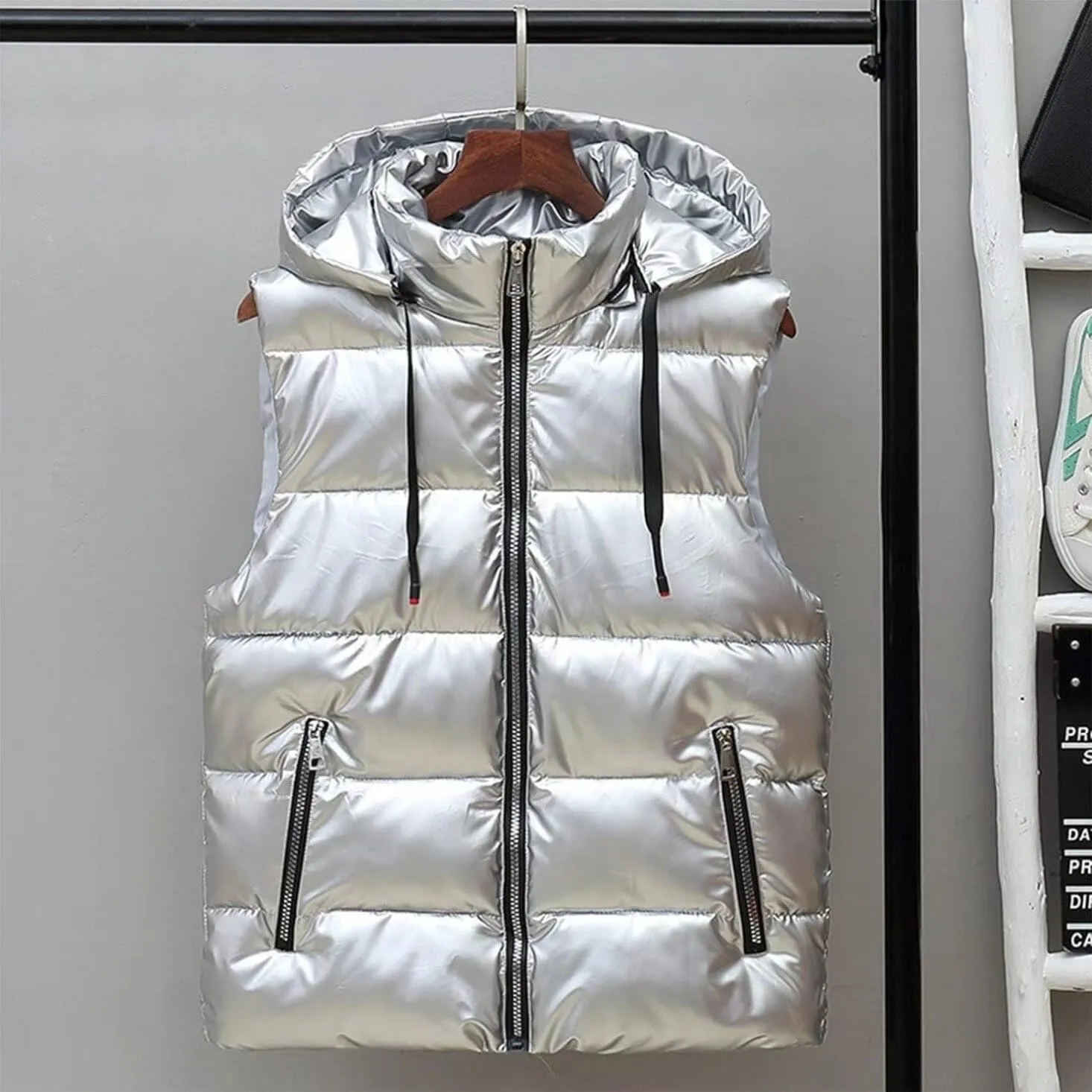 Hooded Puffer Vest for Women High Collar Shiny Puffer Vest Winter Zip Up Sleeveless Down Puffer Jacket