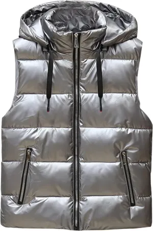 Hooded Puffer Vest for Women High Collar Shiny Puffer Vest Winter Zip Up Sleeveless Down Puffer Jacket