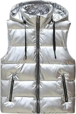 Hooded Puffer Vest for Women High Collar Shiny Puffer Vest Winter Zip Up Sleeveless Down Puffer Jacket