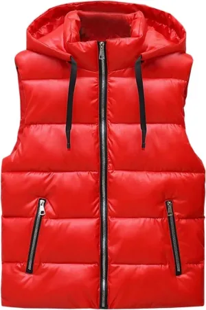 Hooded Puffer Vest for Women High Collar Shiny Puffer Vest Winter Zip Up Sleeveless Down Puffer Jacket