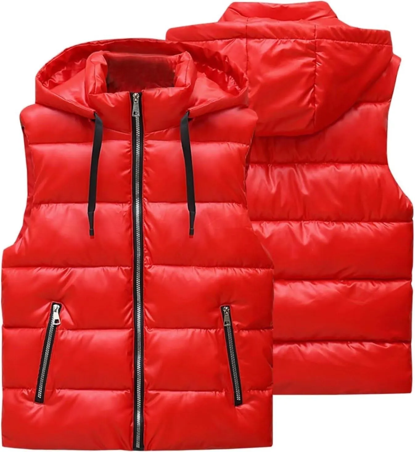 Hooded Puffer Vest for Women High Collar Shiny Puffer Vest Winter Zip Up Sleeveless Down Puffer Jacket