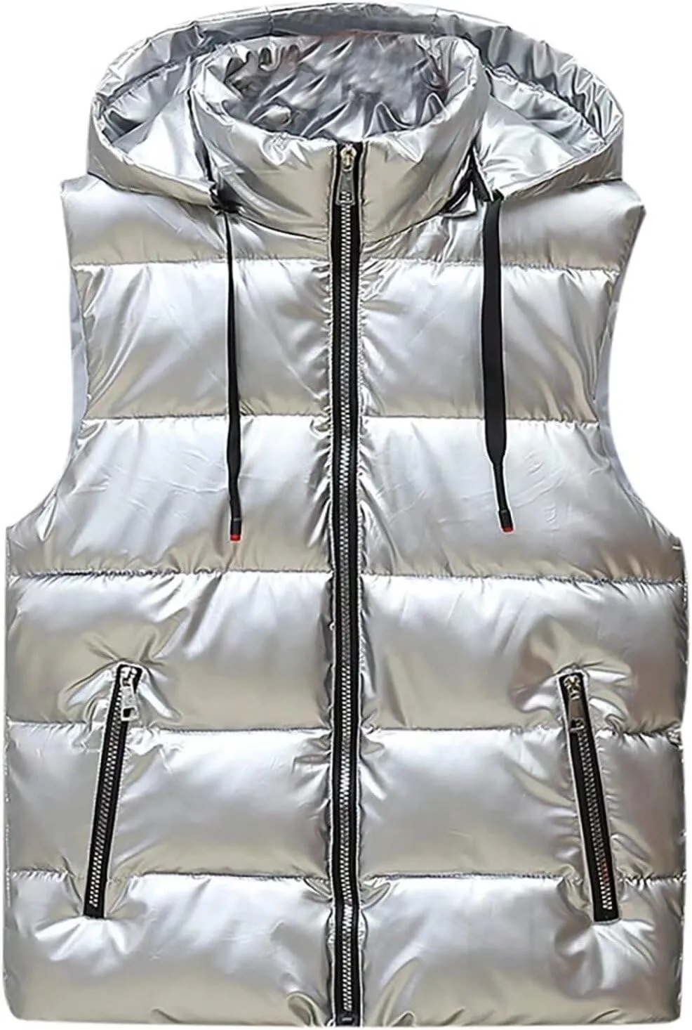 Hooded Puffer Vest for Women High Collar Shiny Puffer Vest Winter Zip Up Sleeveless Down Puffer Jacket