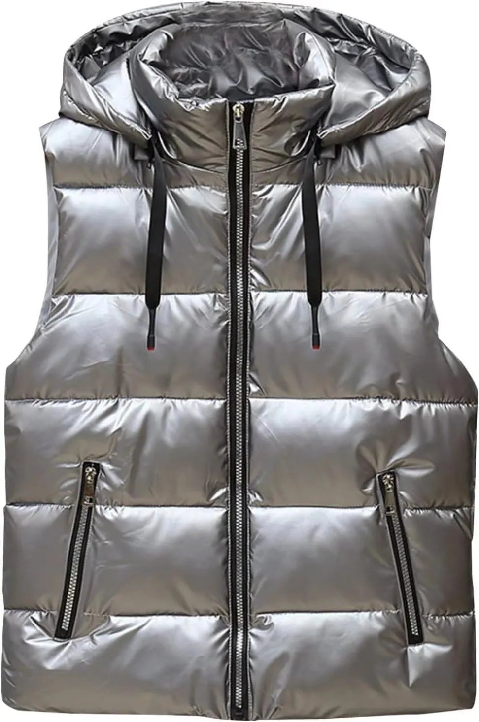 Hooded Puffer Vest for Women High Collar Shiny Puffer Vest Winter Zip Up Sleeveless Down Puffer Jacket