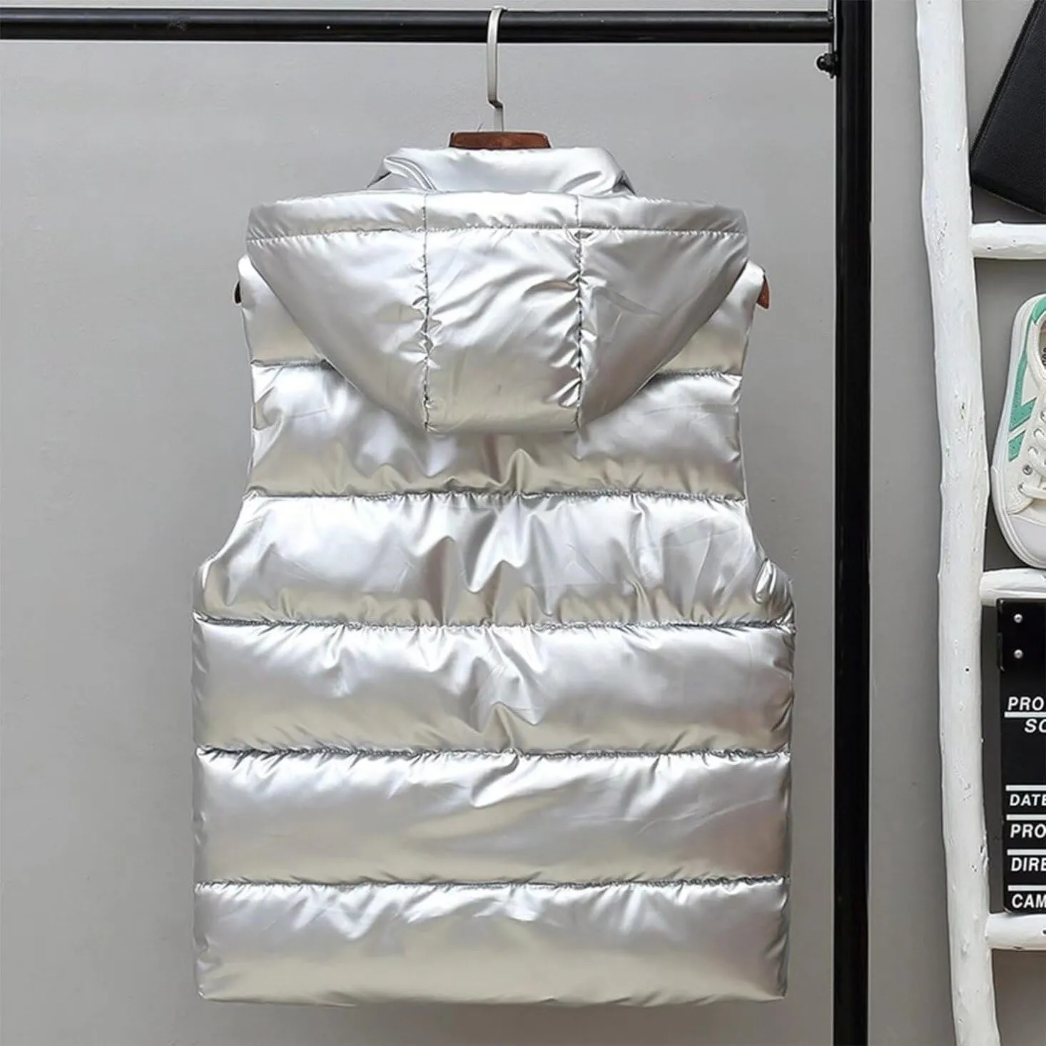 Hooded Puffer Vest for Women High Collar Shiny Puffer Vest Winter Zip Up Sleeveless Down Puffer Jacket