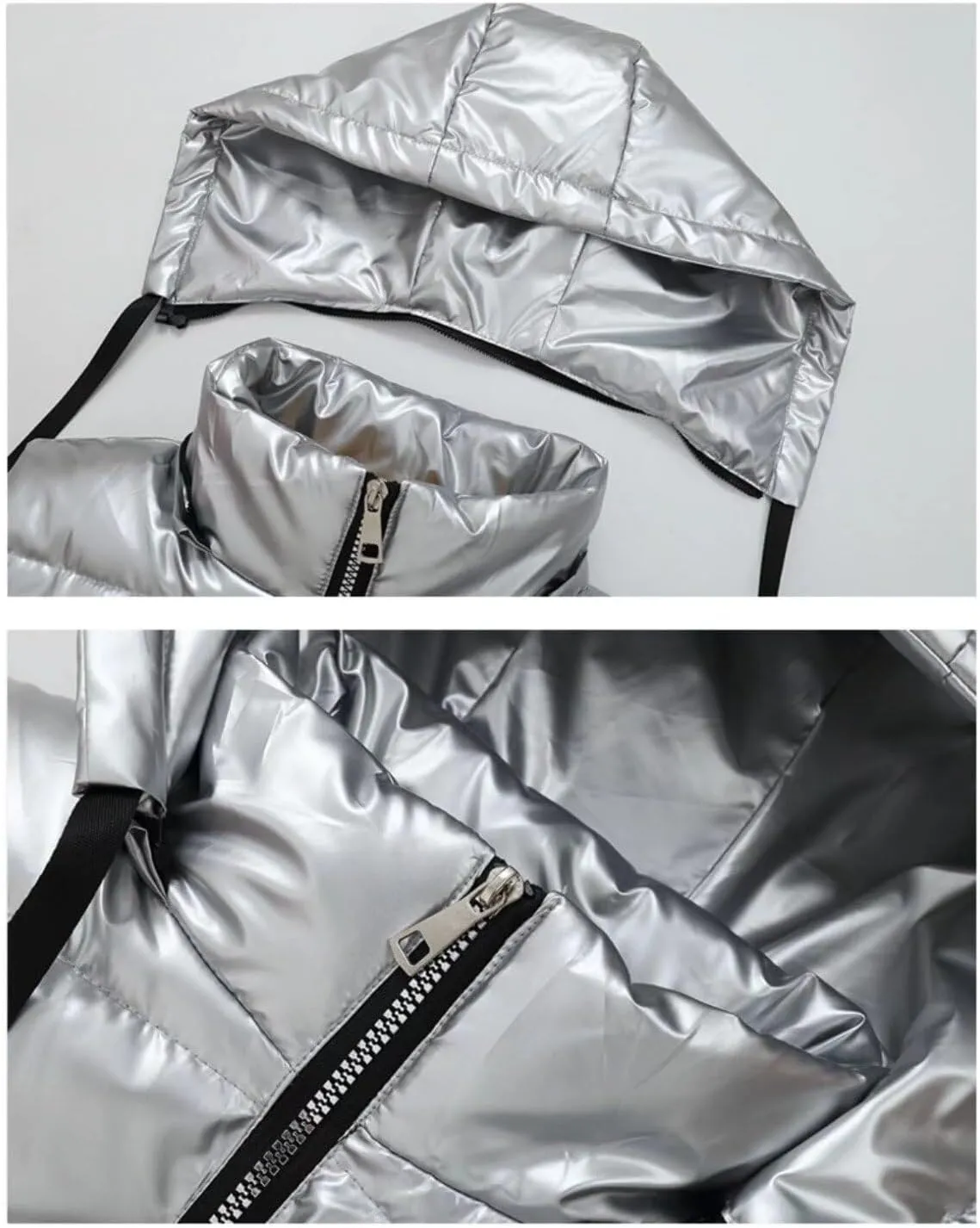 Hooded Puffer Vest for Women High Collar Shiny Puffer Vest Winter Zip Up Sleeveless Down Puffer Jacket