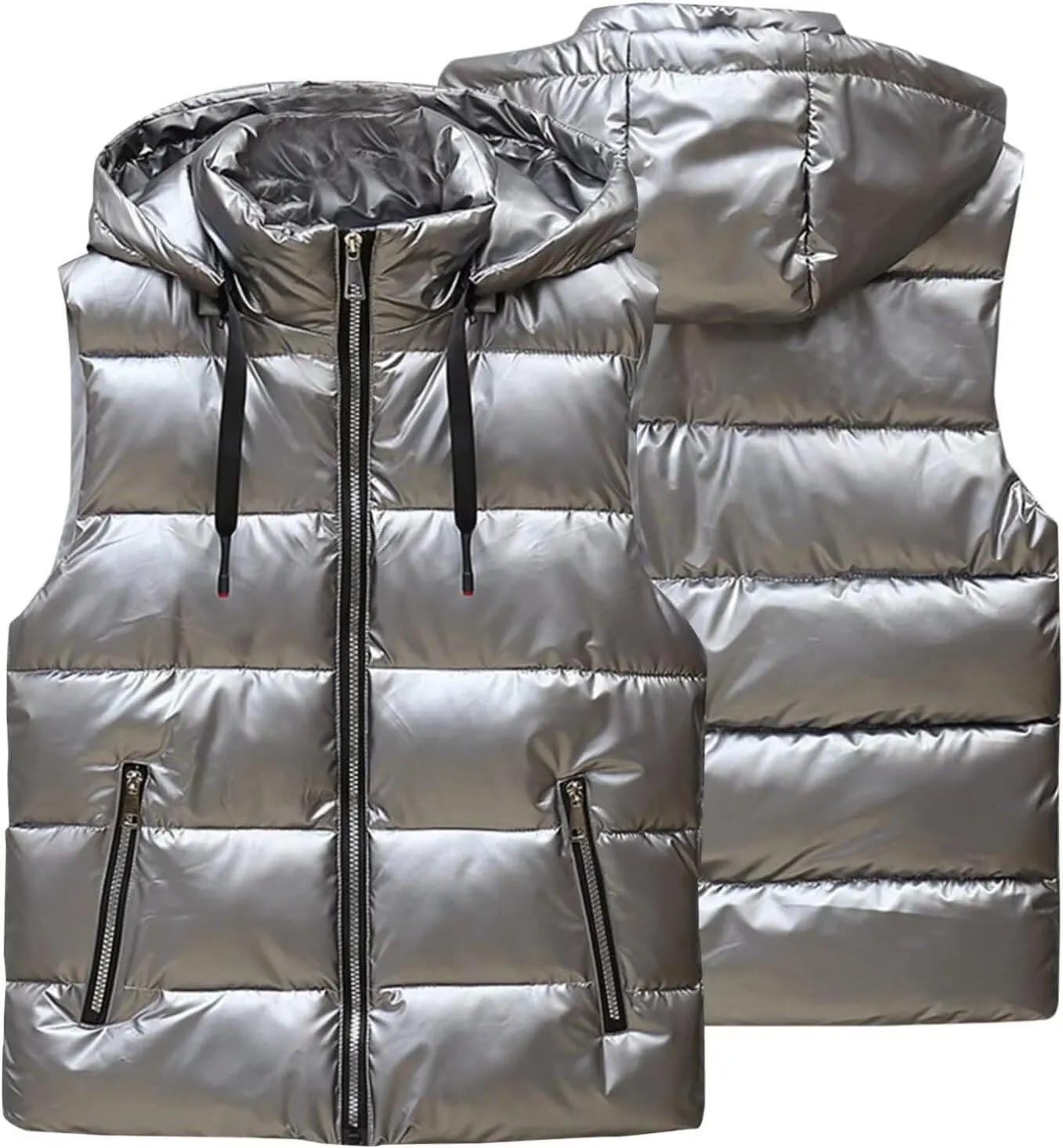 Hooded Puffer Vest for Women High Collar Shiny Puffer Vest Winter Zip Up Sleeveless Down Puffer Jacket