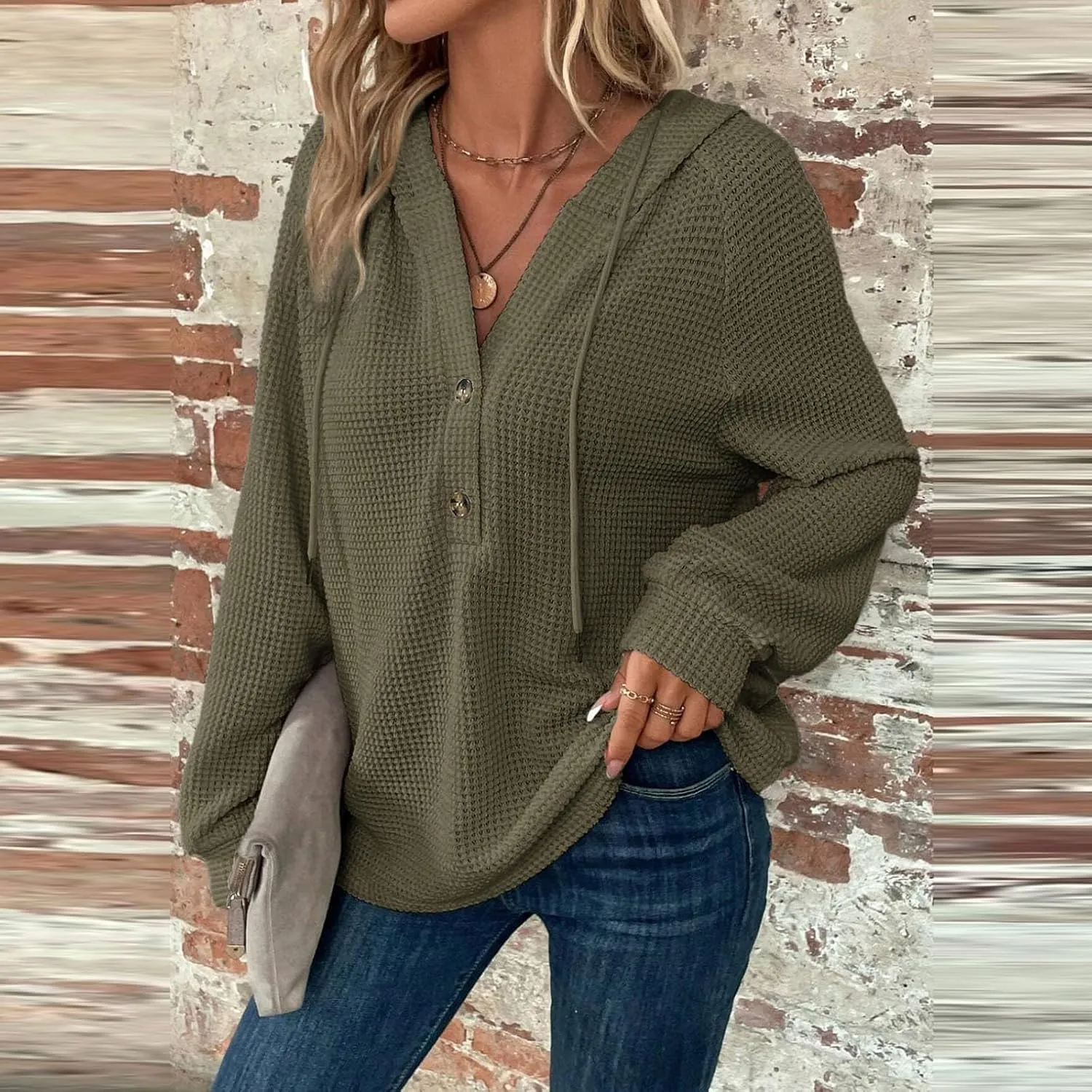 Hoodies for Women Button V Neck Waffle Knit Tops Raglan Long Sleeve Shirts Fall Casual Comfy Pullover Sweatshirt