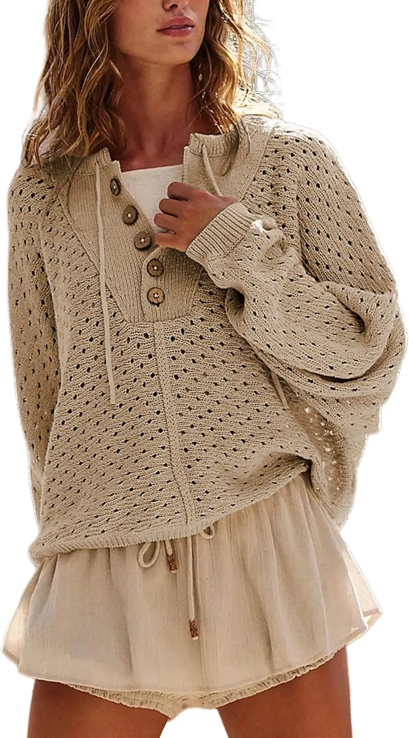 Hoodies for Women Oversized Knit Sweatshirt Long Sleeve Button Drawstring V Neck Pullover Sweaters