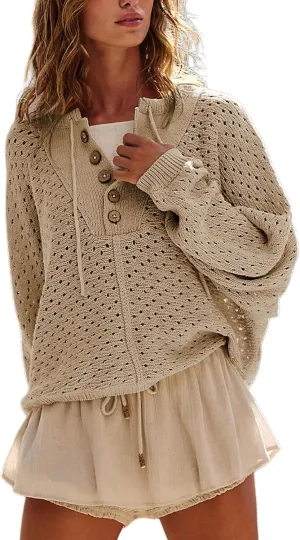 Hoodies for Women Oversized Knit Sweatshirt Long Sleeve Button Drawstring V Neck Pullover Sweaters