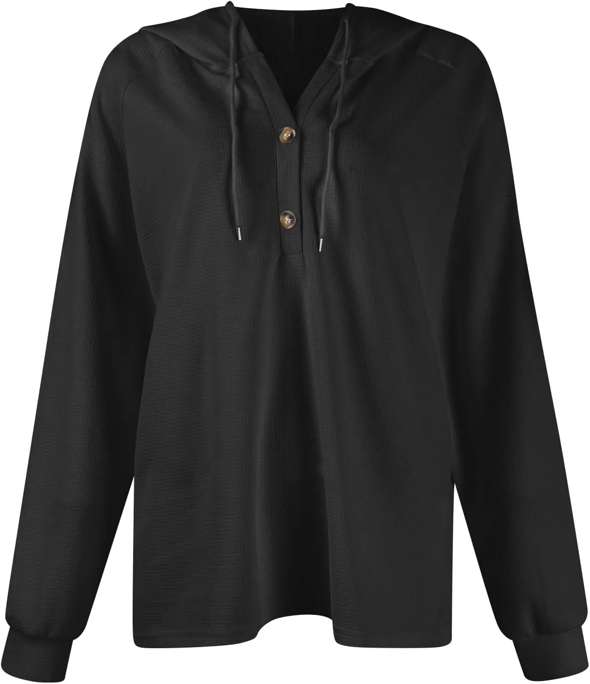 Hoodies for Women Waffle Knit Drawstring Button V Neck Pullover Sweatshirts Fall Sweaters Loose Fit Long Sleeve Tops