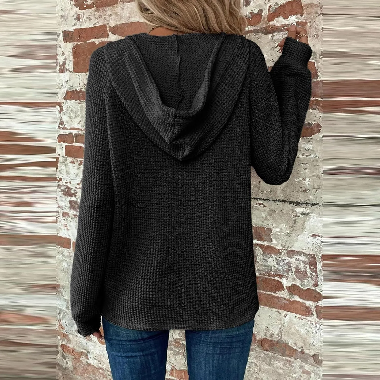 Hoodies for Women Waffle Knit Drawstring Button V Neck Pullover Sweatshirts Fall Sweaters Loose Fit Long Sleeve Tops