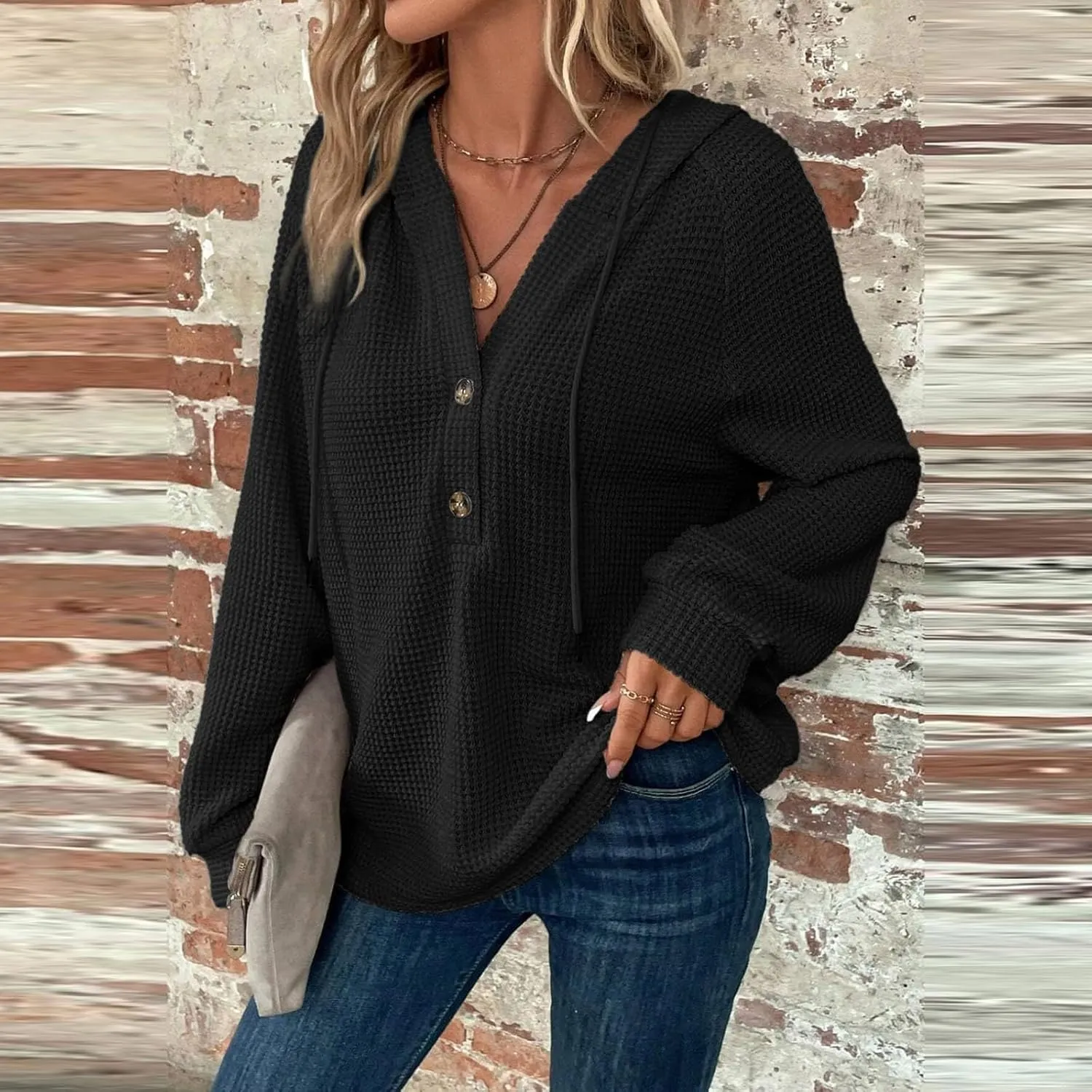 Hoodies for Women Waffle Knit Drawstring Button V Neck Pullover Sweatshirts Fall Sweaters Loose Fit Long Sleeve Tops