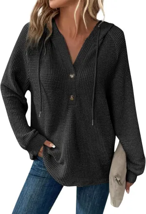 Hoodies for Women Waffle Knit Drawstring Button V Neck Pullover Sweatshirts Fall Sweaters Loose Fit Long Sleeve Tops