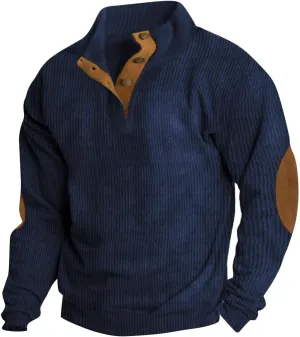 HXHYQKP Men Sweater with Elbow Patches Mens Corduroy Shirt Stand Collar Button Up Pullover Long Sleeve Sweatshirts