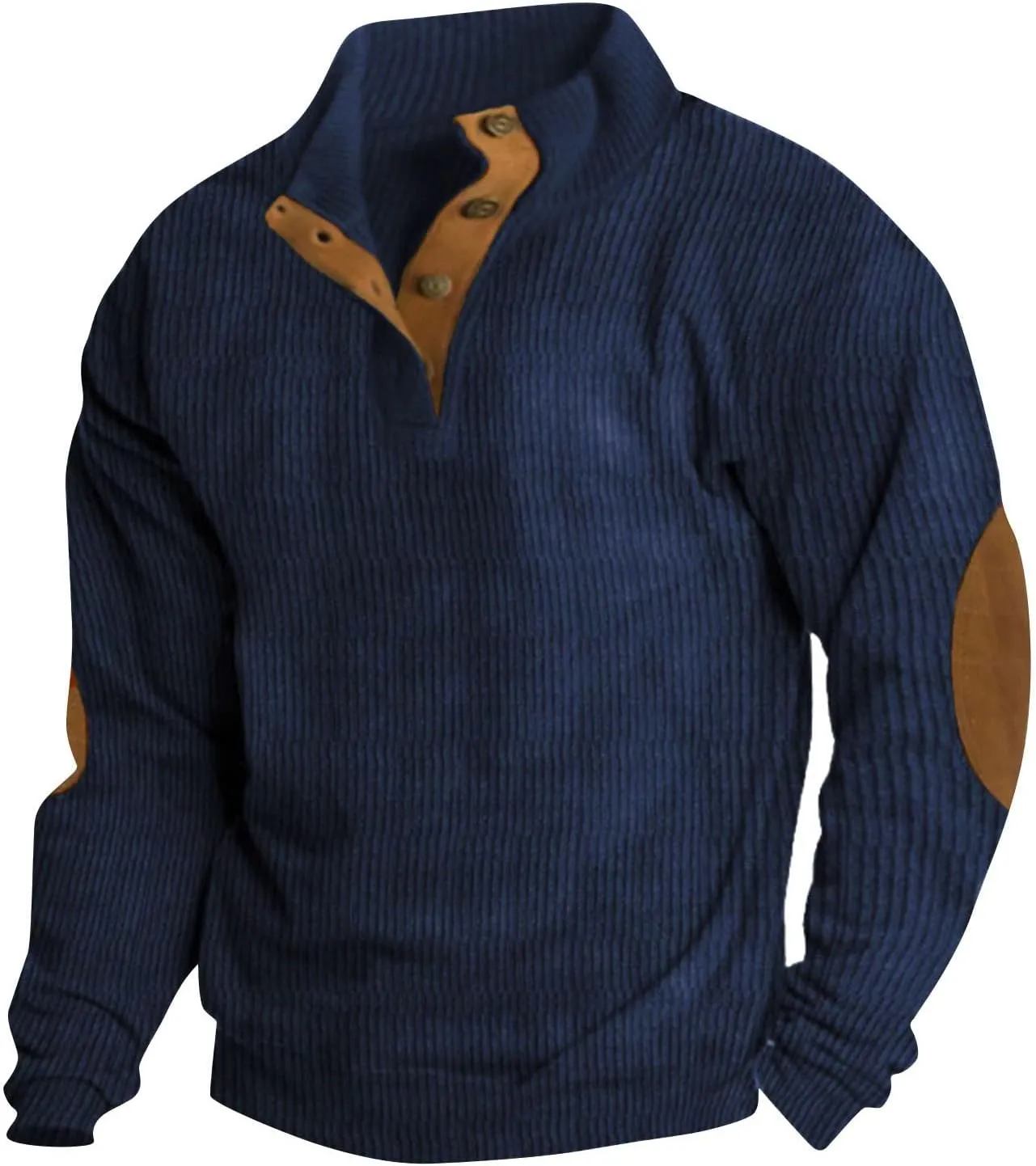 HXHYQKP Men Sweater with Elbow Patches Mens Corduroy Shirt Stand Collar Button Up Pullover Long Sleeve Sweatshirts