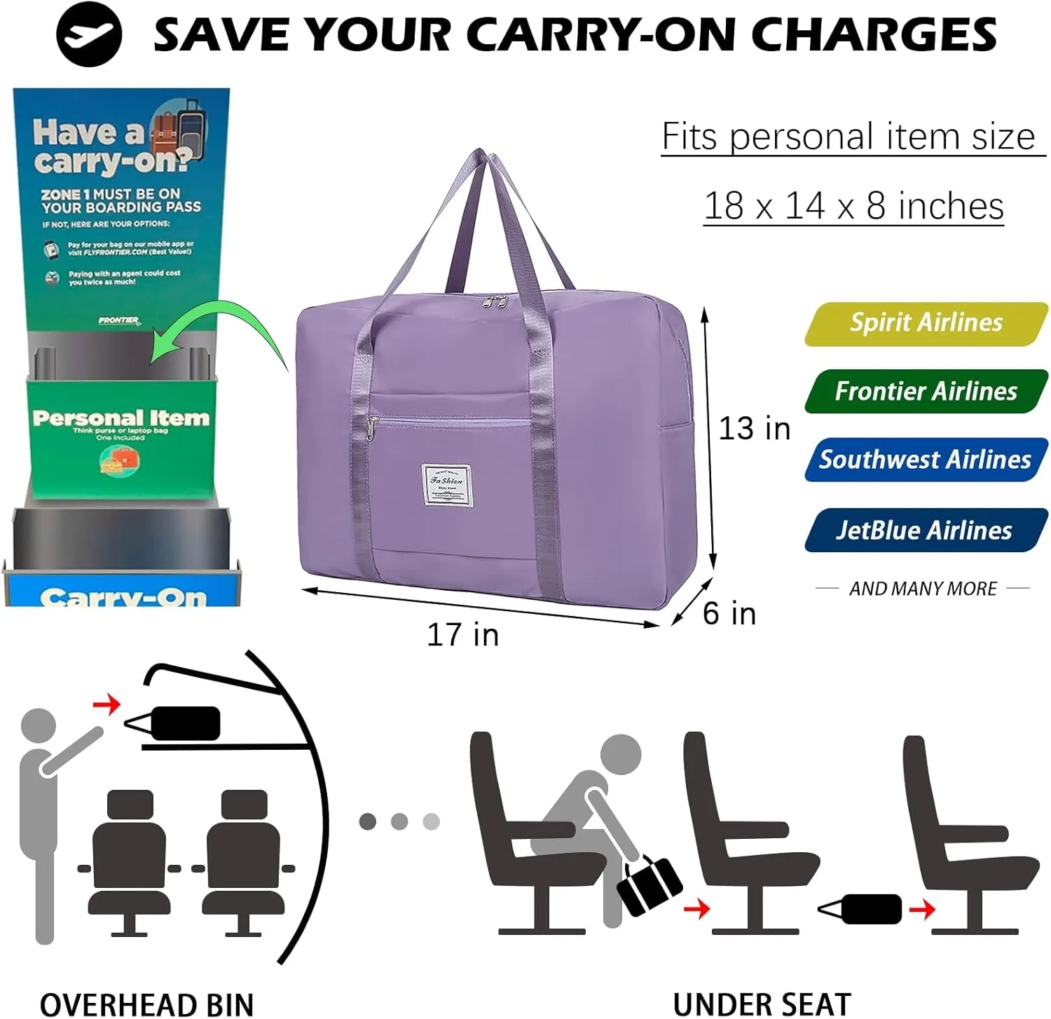 IMCUZUR Purple Travel Duffel Bag, Spirit/Frontier Personal Item, 17x13x6 Inches, Water-Resistant, Durable