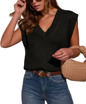 INFITTY Womens Sweater Vest Sleeveless V Neck Tank Top Casual Ribbed Knit Vest Top Spring Winter Clothes Trendy