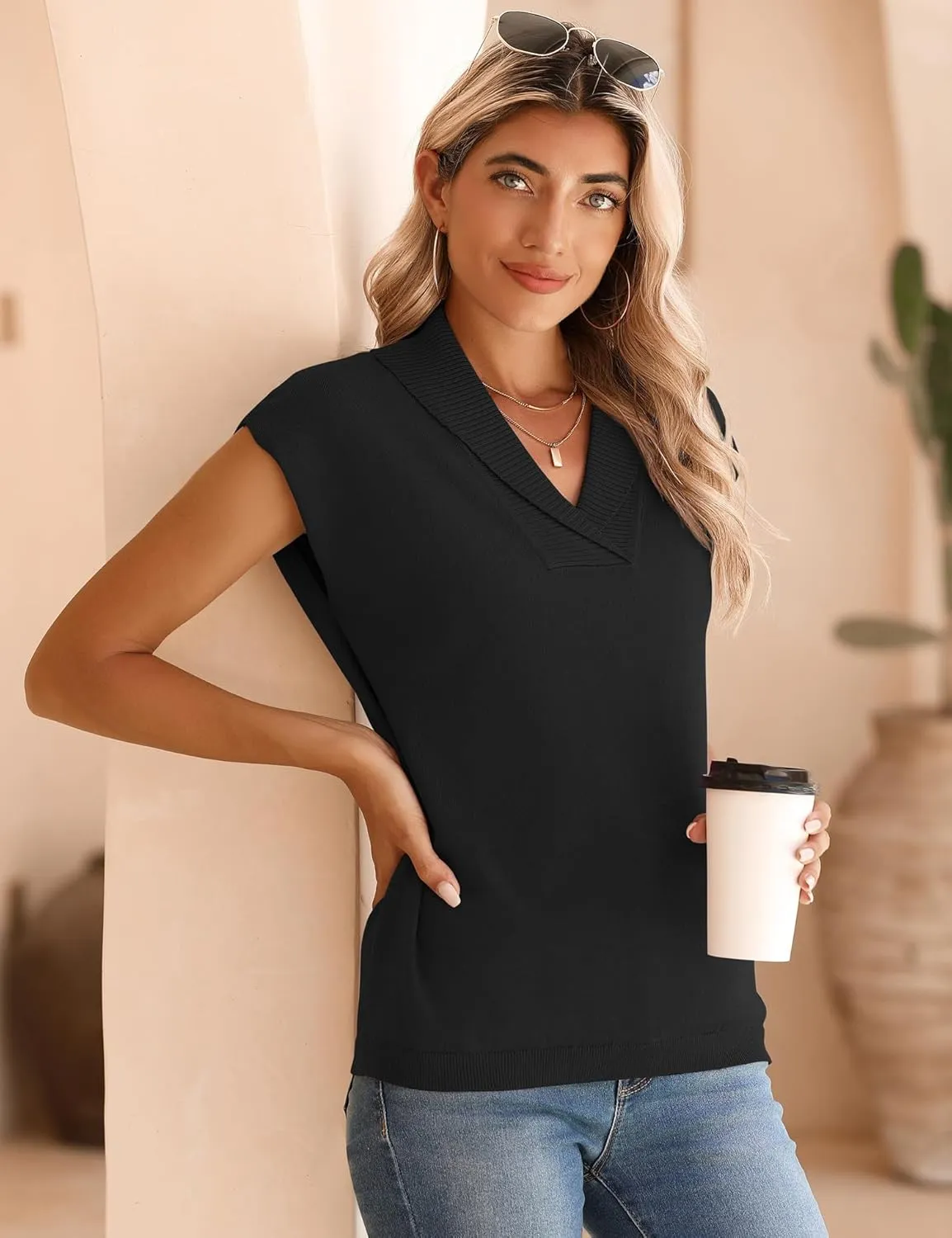 Ivicoer Sweater Vest Women V-Neck Knitted Pullover Short Cap Sleeve Collared Tops Dressy Casual 2025 Summer Fashion Trendy
