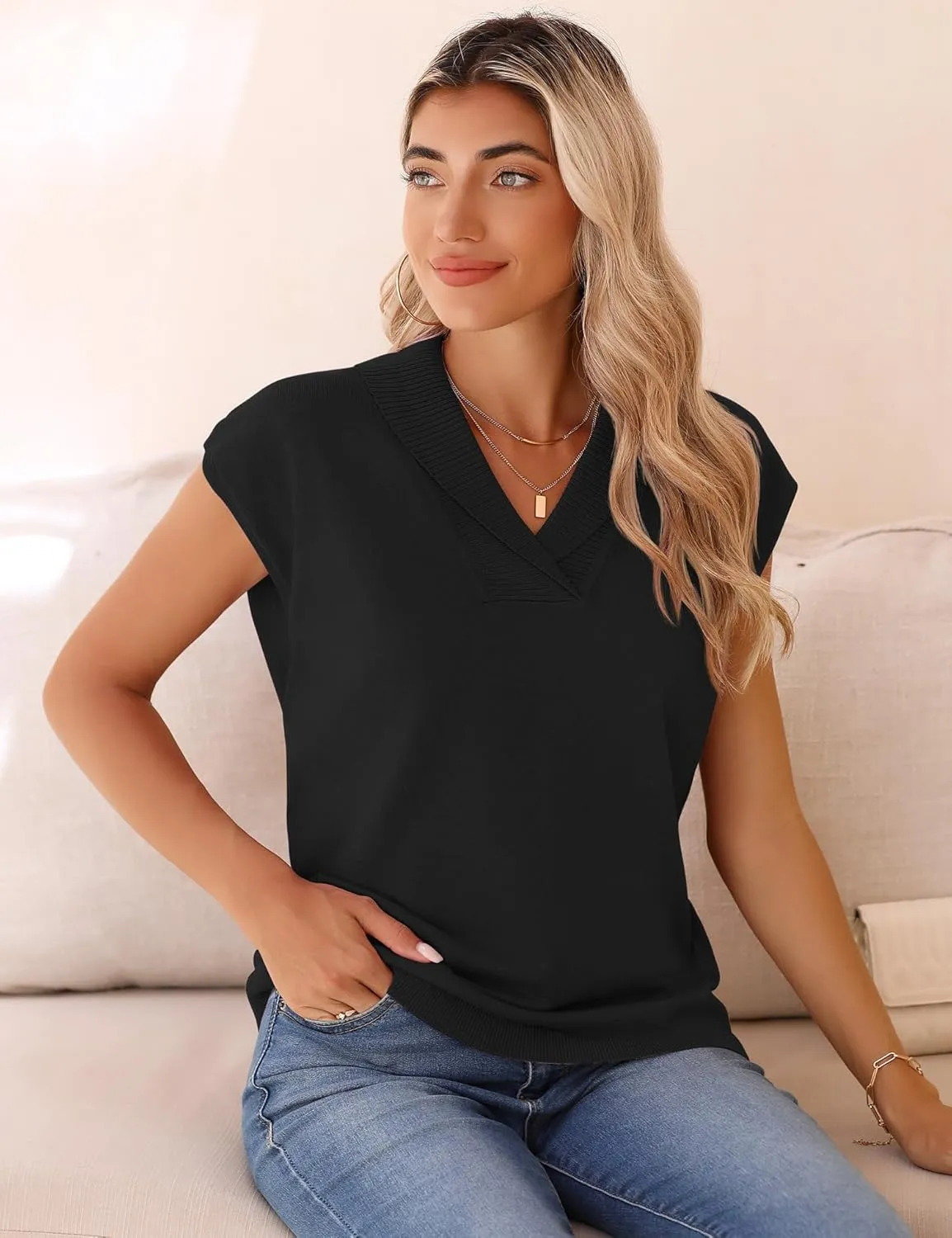 Ivicoer Sweater Vest Women V-Neck Knitted Pullover Short Cap Sleeve Collared Tops Dressy Casual 2025 Summer Fashion Trendy