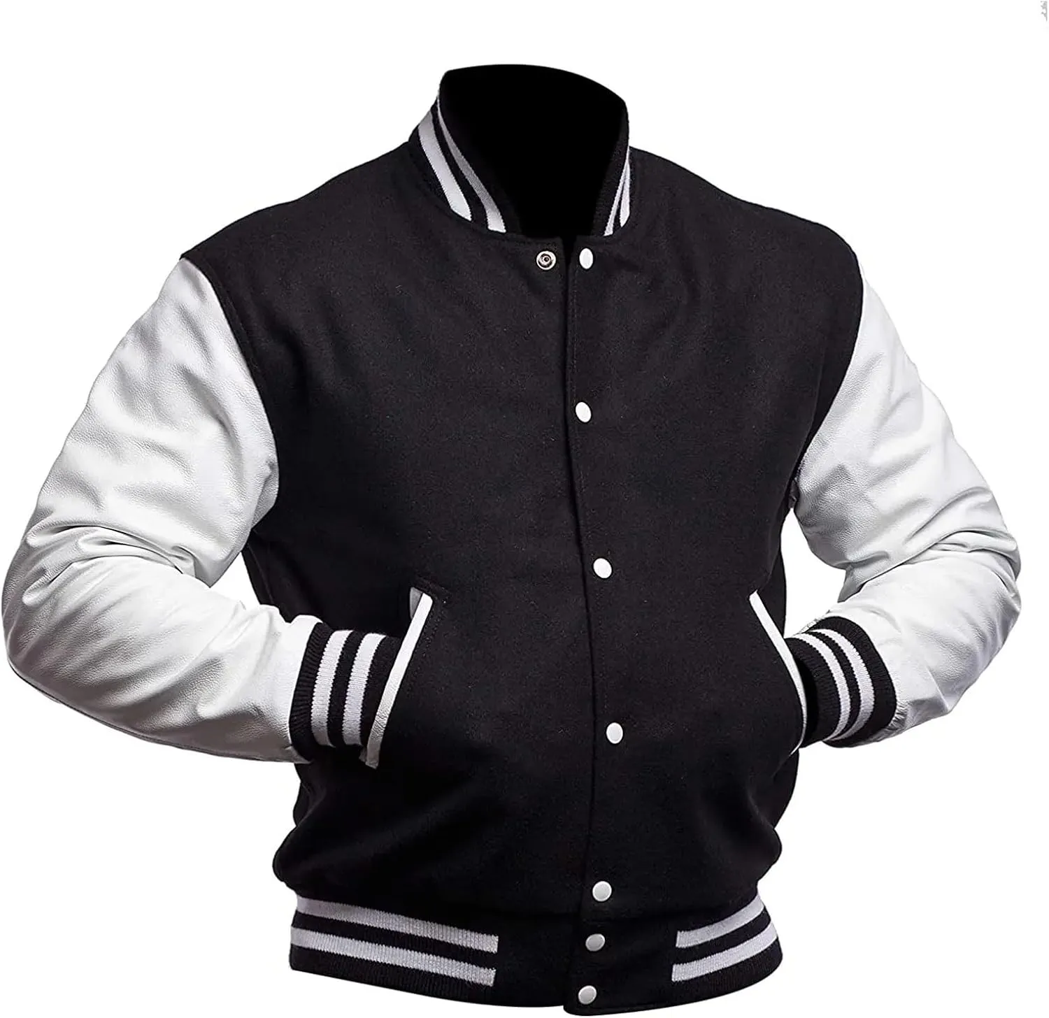 JACKETZONE Varsity Jacket Men Bomber Letterman Leather Sleeves High School Baseball College Jacket
