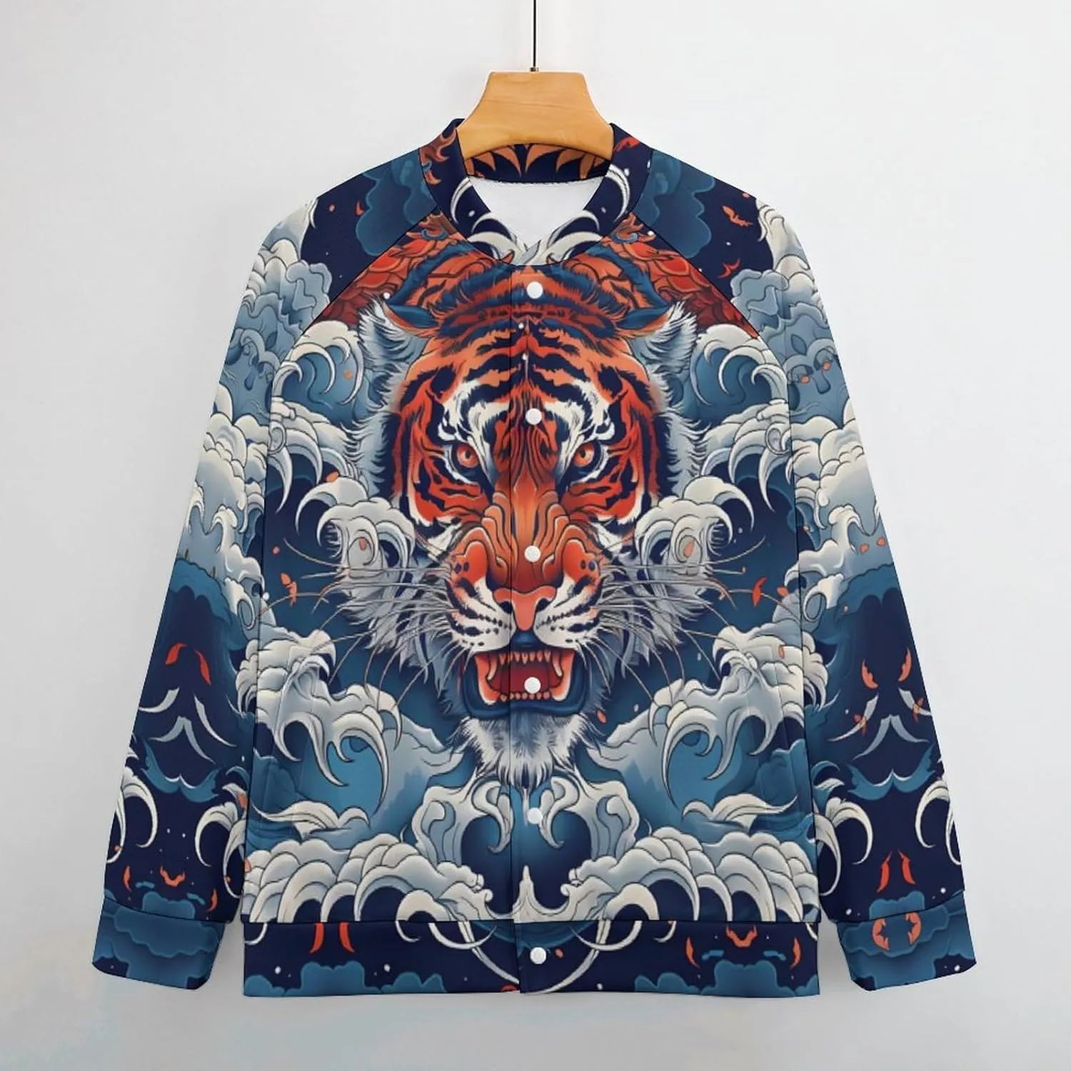 Japanese Tiger King in The Clouds Lightweight Men's Baseball Jackets Relaxed Fit Varsity Bomber Jacket Windbreaker Coat
