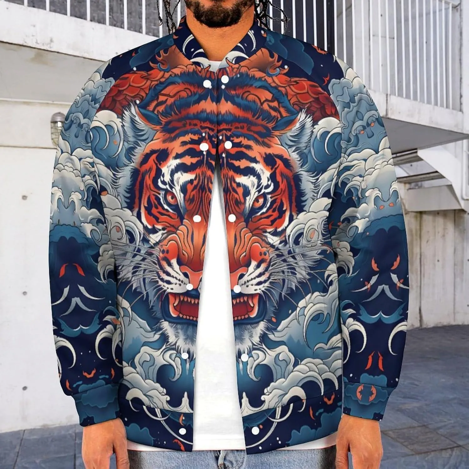 Japanese Tiger King in The Clouds Lightweight Men's Baseball Jackets Relaxed Fit Varsity Bomber Jacket Windbreaker Coat