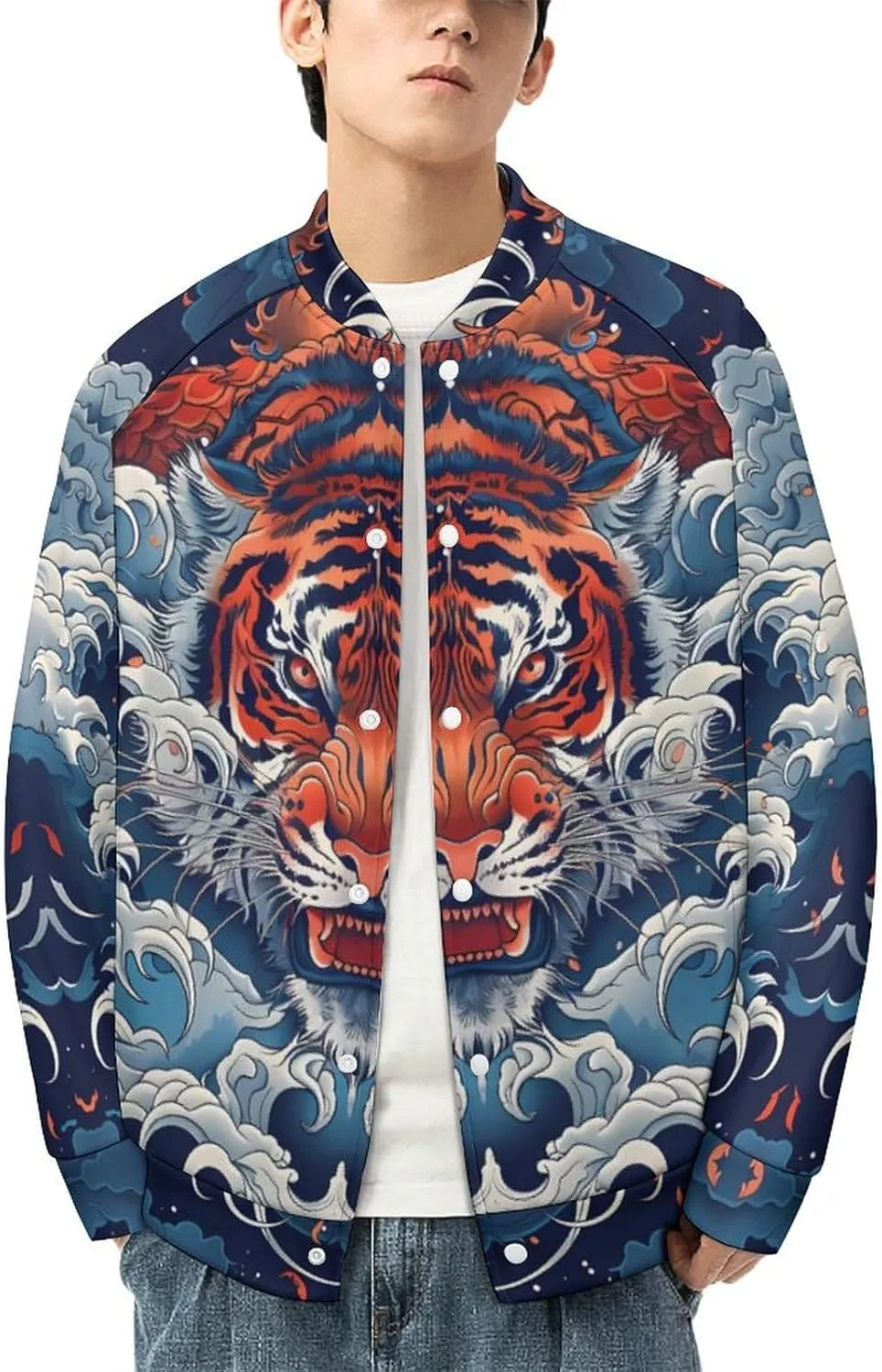 Japanese Tiger King in The Clouds Lightweight Men's Baseball Jackets Relaxed Fit Varsity Bomber Jacket Windbreaker Coat