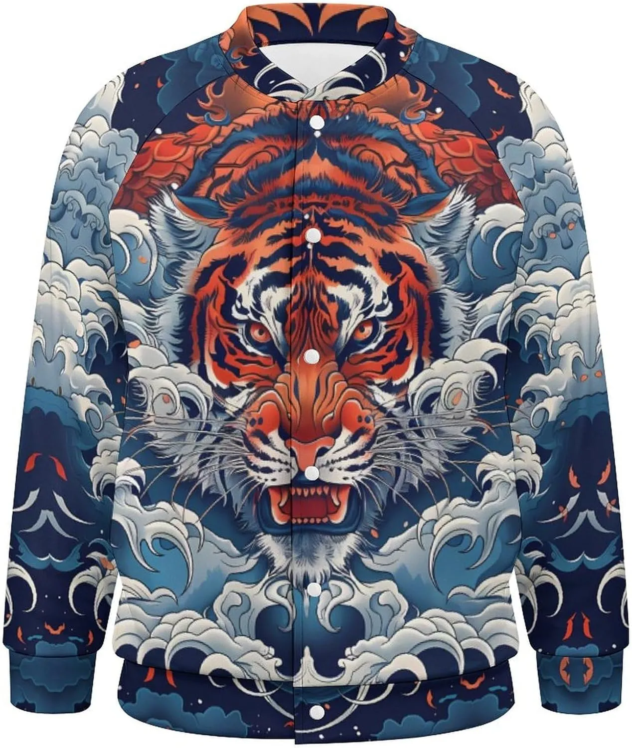 Japanese Tiger King in The Clouds Lightweight Men's Baseball Jackets Relaxed Fit Varsity Bomber Jacket Windbreaker Coat