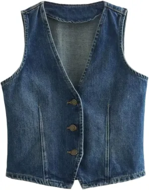 Jegsnoe Women Fashion V-Neck Denim Vest Casual Sleeveless Short Waistcoat Jackets