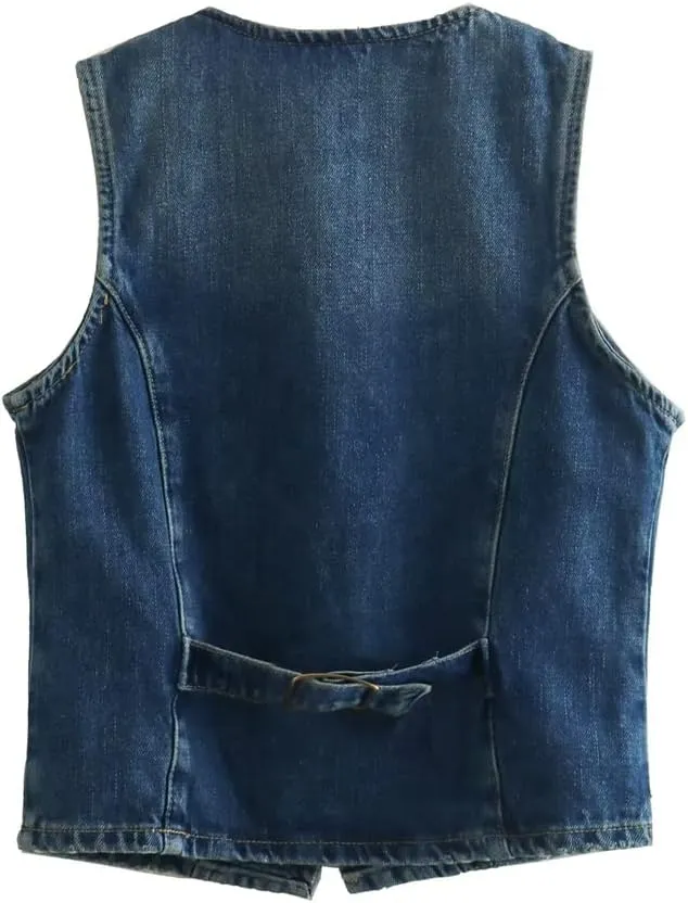 Jegsnoe Women Fashion V-Neck Denim Vest Casual Sleeveless Short Waistcoat Jackets