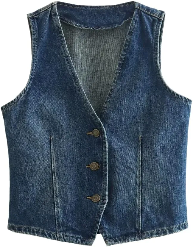 Jegsnoe Women Fashion V-Neck Denim Vest Casual Sleeveless Short Waistcoat Jackets