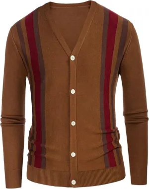 JEShifangjiusu Men Casual Button Down Cardigan Sweater Retro Striped Sweater Knit Polo Shirt Warm Long Sleeve Ribbed Sweater