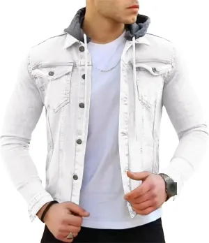 JEShifangjiusu Men'S Denim Hoodie Military Jacket Casual Slim Fit Button Down Jeans Coat Fashion Winter Denim Trucker Jacket
