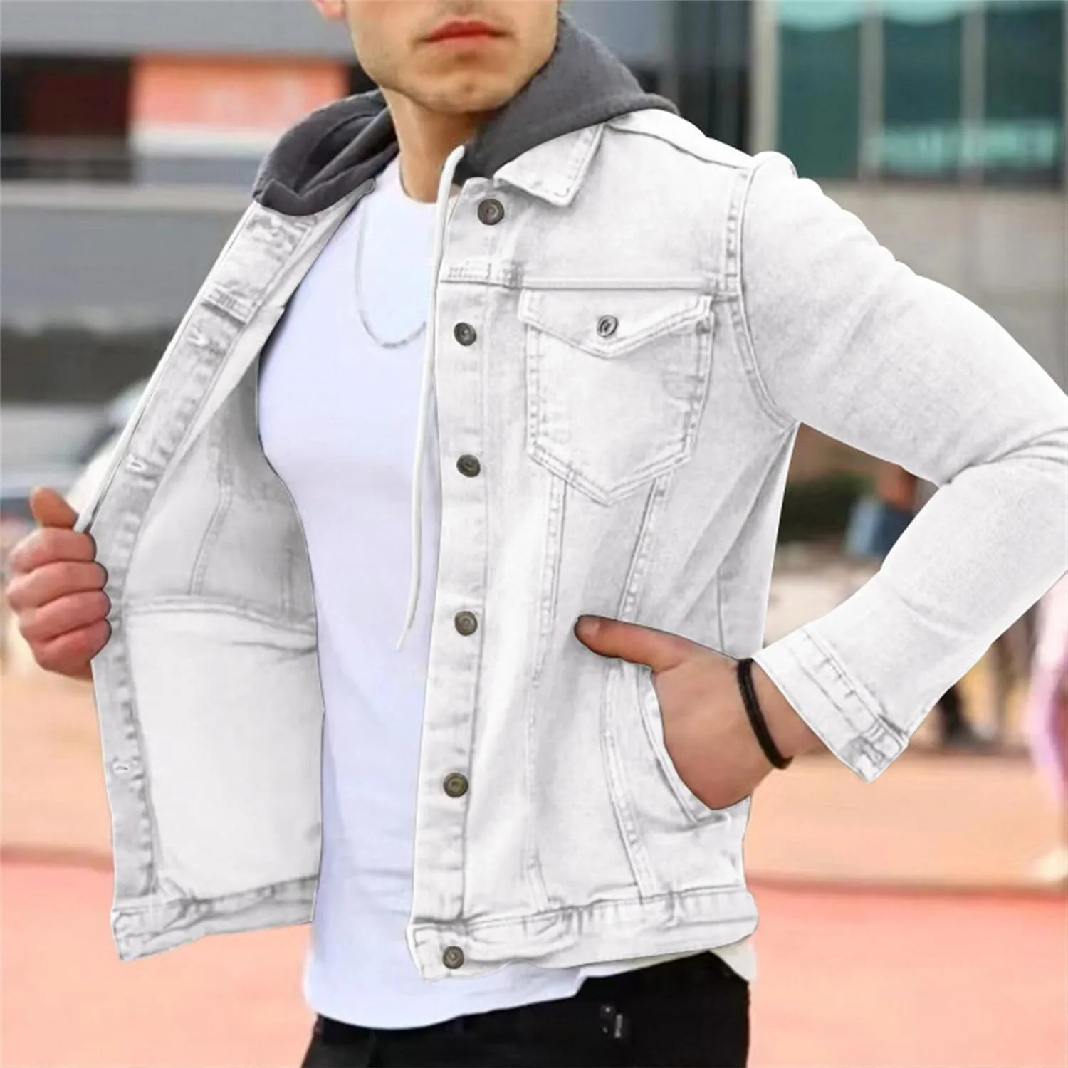 JEShifangjiusu Men'S Denim Hoodie Military Jacket Casual Slim Fit Button Down Jeans Coat Fashion Winter Denim Trucker Jacket