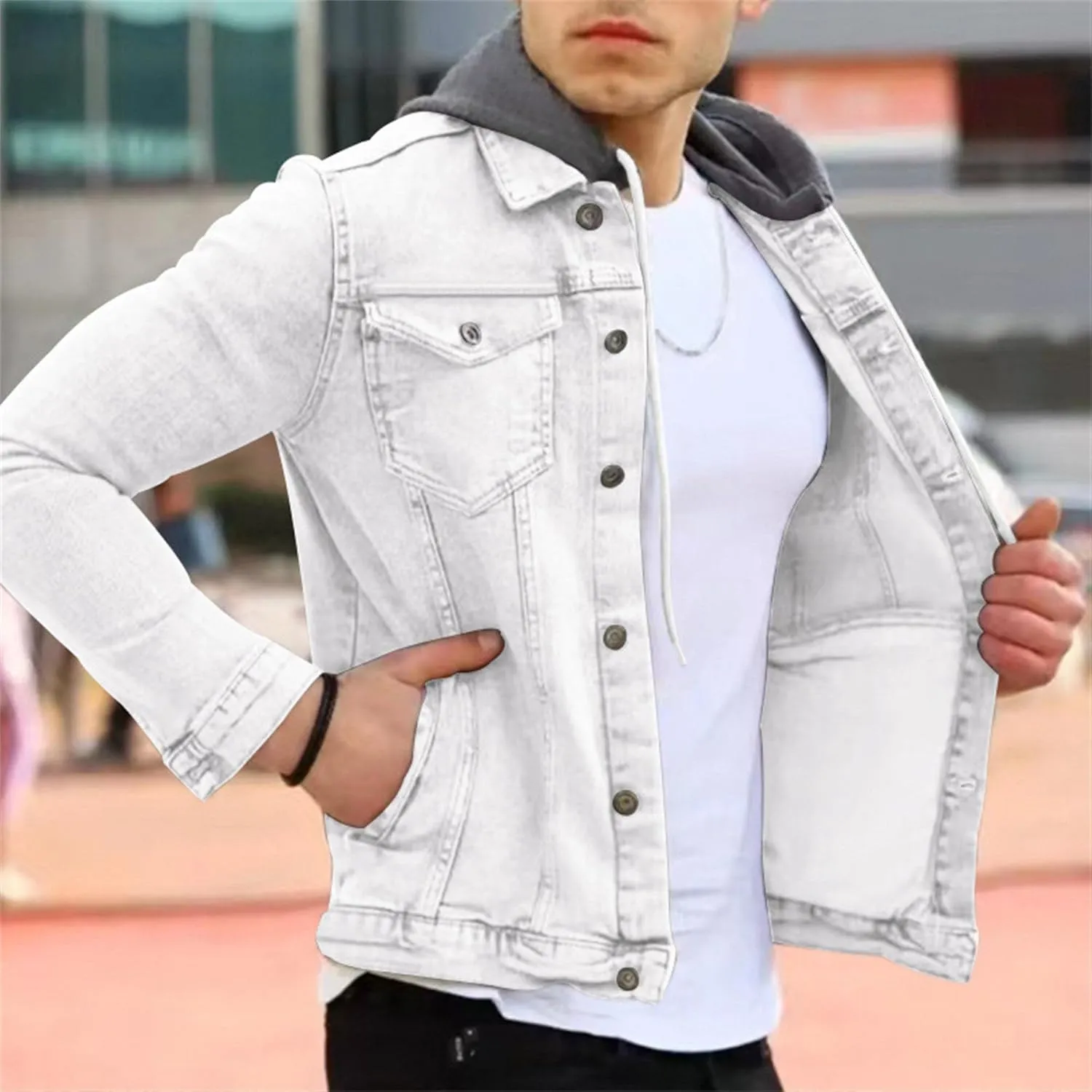 JEShifangjiusu Men'S Denim Hoodie Military Jacket Casual Slim Fit Button Down Jeans Coat Fashion Winter Denim Trucker Jacket