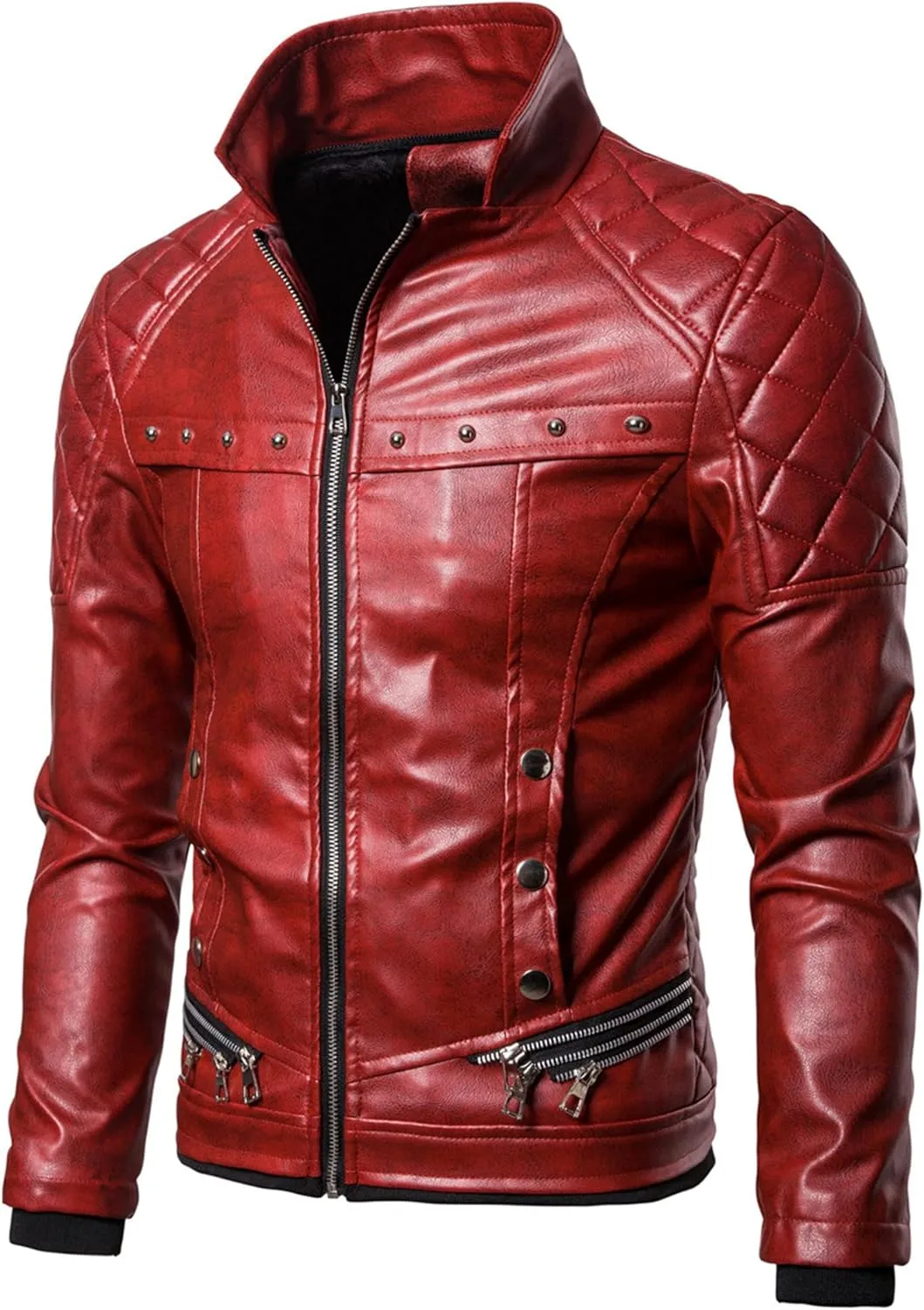 JEShifangjiusu Men'S Removable Fur Collar Jacket Sherpa Lined Zips Faux Leather Jacket Leather Vintage Retro Coat Outwear