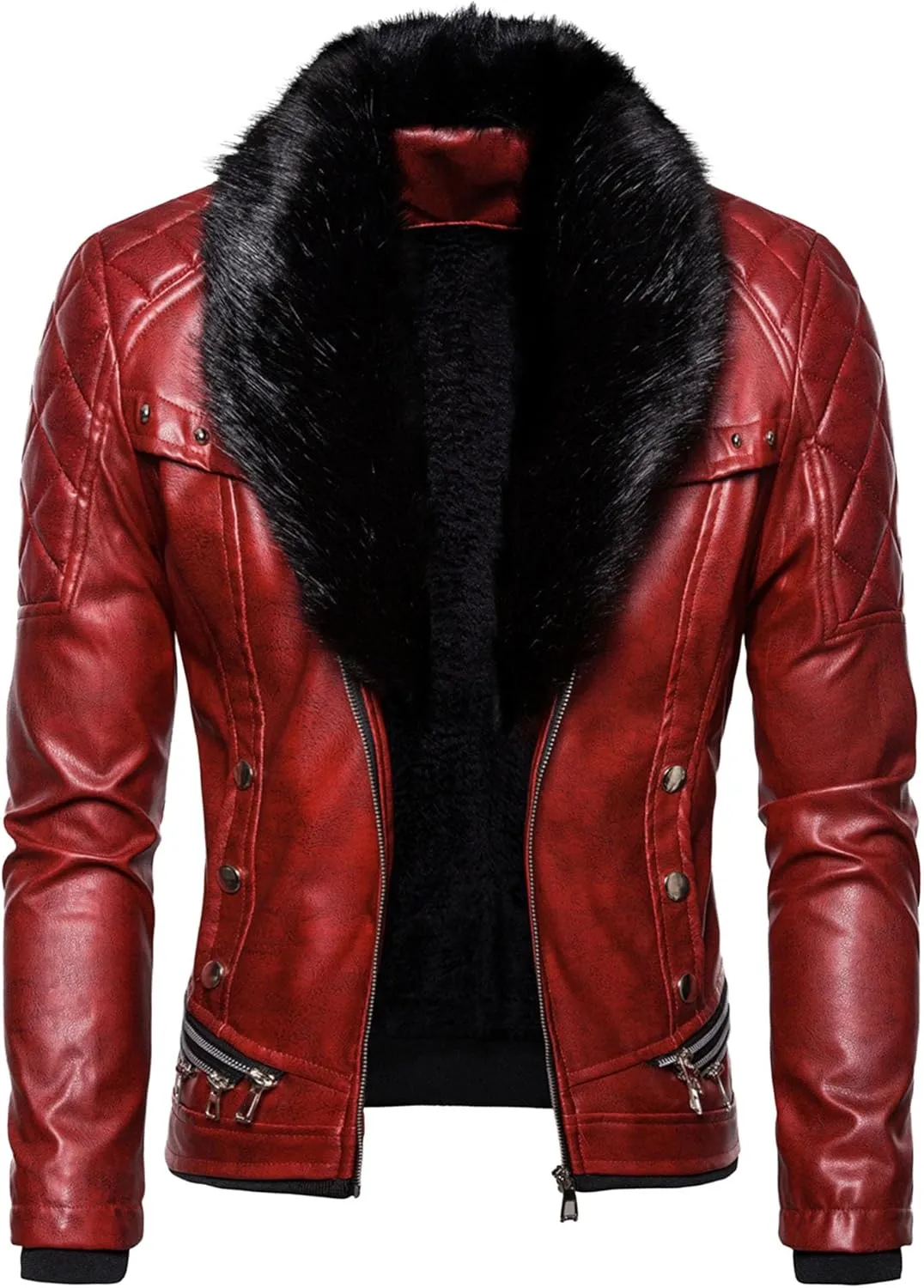 JEShifangjiusu Men'S Removable Fur Collar Jacket Sherpa Lined Zips Faux Leather Jacket Leather Vintage Retro Coat Outwear
