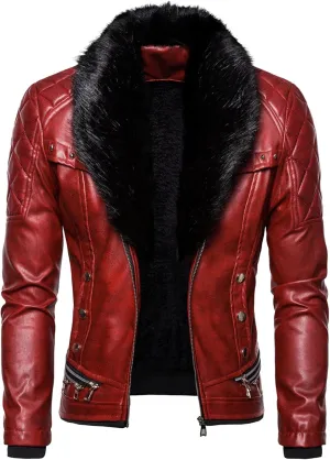 JEShifangjiusu Men'S Removable Fur Collar Jacket Sherpa Lined Zips Faux Leather Jacket Leather Vintage Retro Coat Outwear