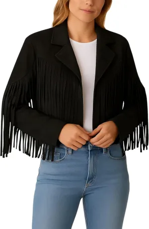 Jild Suede Leather Jacket Women Long Sleeve Fall & Winter Women's Fashion Moto Biker Jacket Open Front Cropped Coat Outerwear