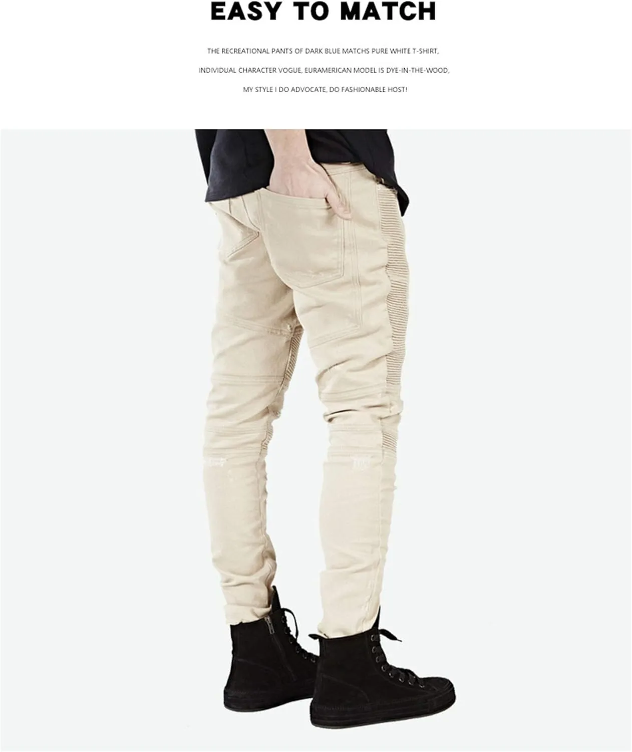 Kaxiya2021 Men's Stretch Pleated Jeans Slim Washed Skinny Denim Pants Motorcycle Destroyed Biker Ripped Skinny Trousers