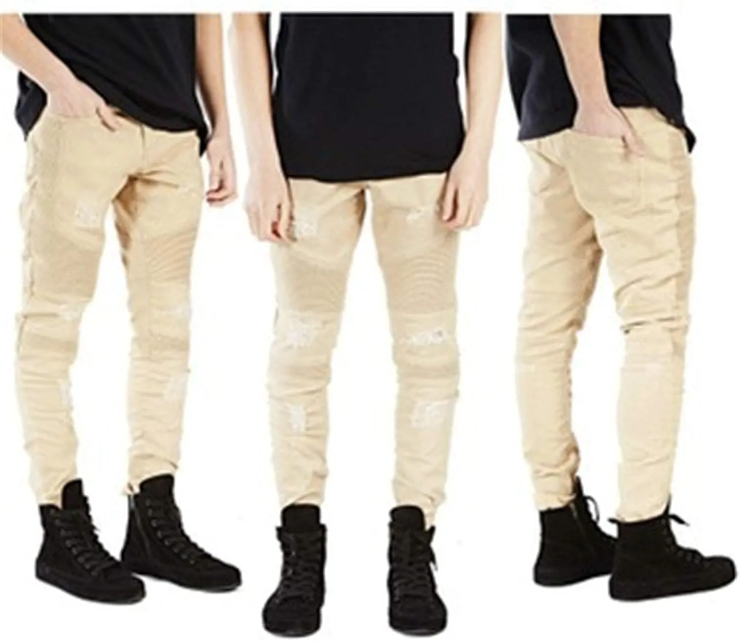 Kaxiya2021 Men's Stretch Pleated Jeans Slim Washed Skinny Denim Pants Motorcycle Destroyed Biker Ripped Skinny Trousers
