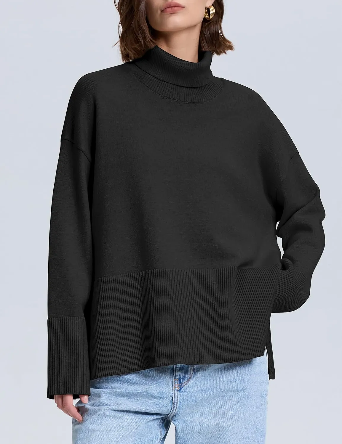 kayamiya Women's Turtleneck Oversized Sweaters Long Sleeve Pullover Knit Tops Split Hem