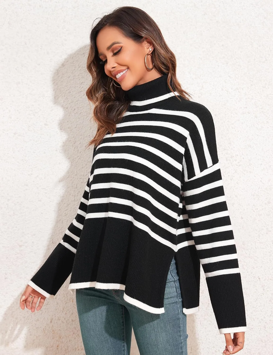 kayamiya Women's Turtleneck Oversized Sweaters Long Sleeve Pullover Knit Tops Split Hem