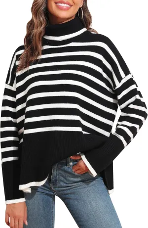 kayamiya Women's Turtleneck Oversized Sweaters Long Sleeve Pullover Knit Tops Split Hem